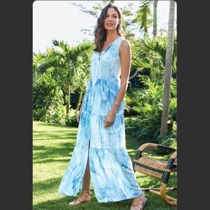 Soft Surroundings Sz PM Wailana Tie Dye Blue Watercolor Maxi Dress Tiered Skirt